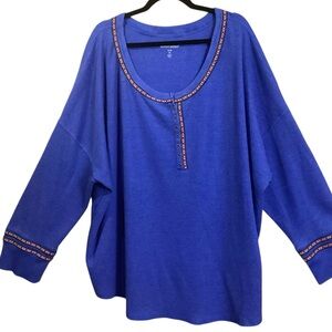 Woman Within Thermal Waffle Weave Scoop Neck‎ Henley Royal Blue Embroidered 4X